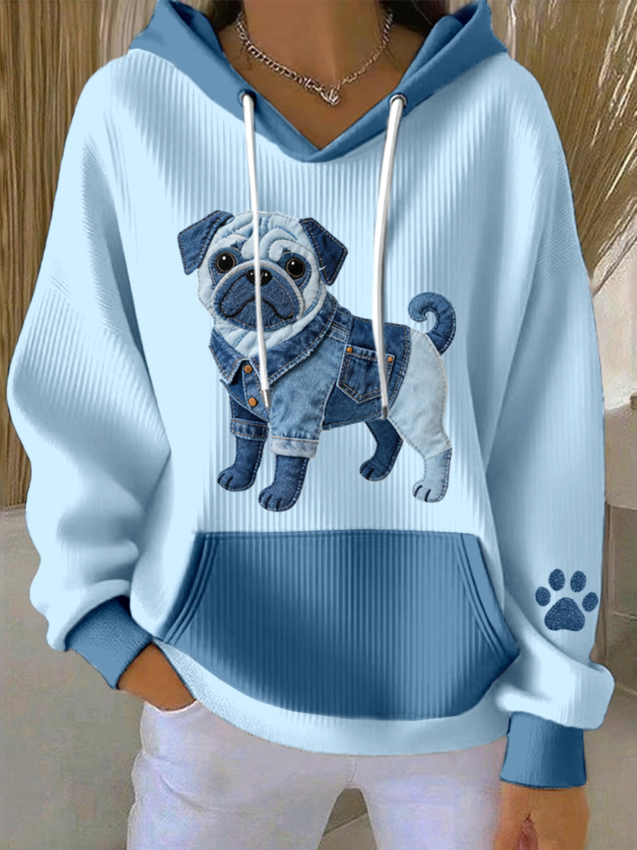 Lovely Pug Dog Denim Patchwork Sweat à capuche pour femmes