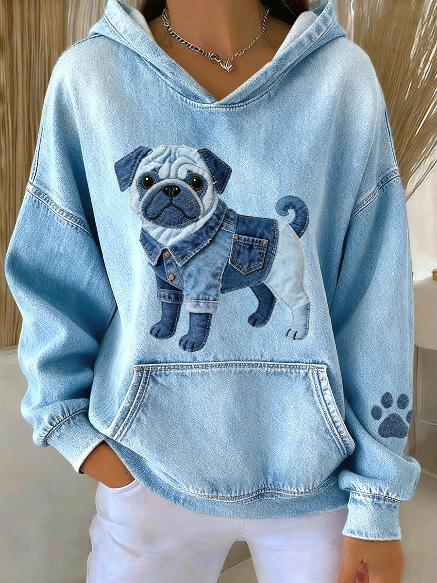 Lovely Pug Dog Denim Patchwork Sweat à capuche pour femmes