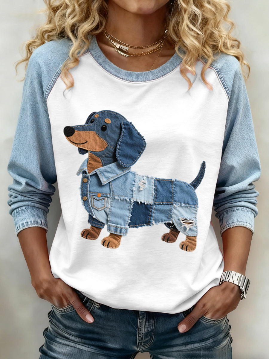 Lovely Dachshund Dog Pattern Denim Patchwork Sweatshirt des femmes
