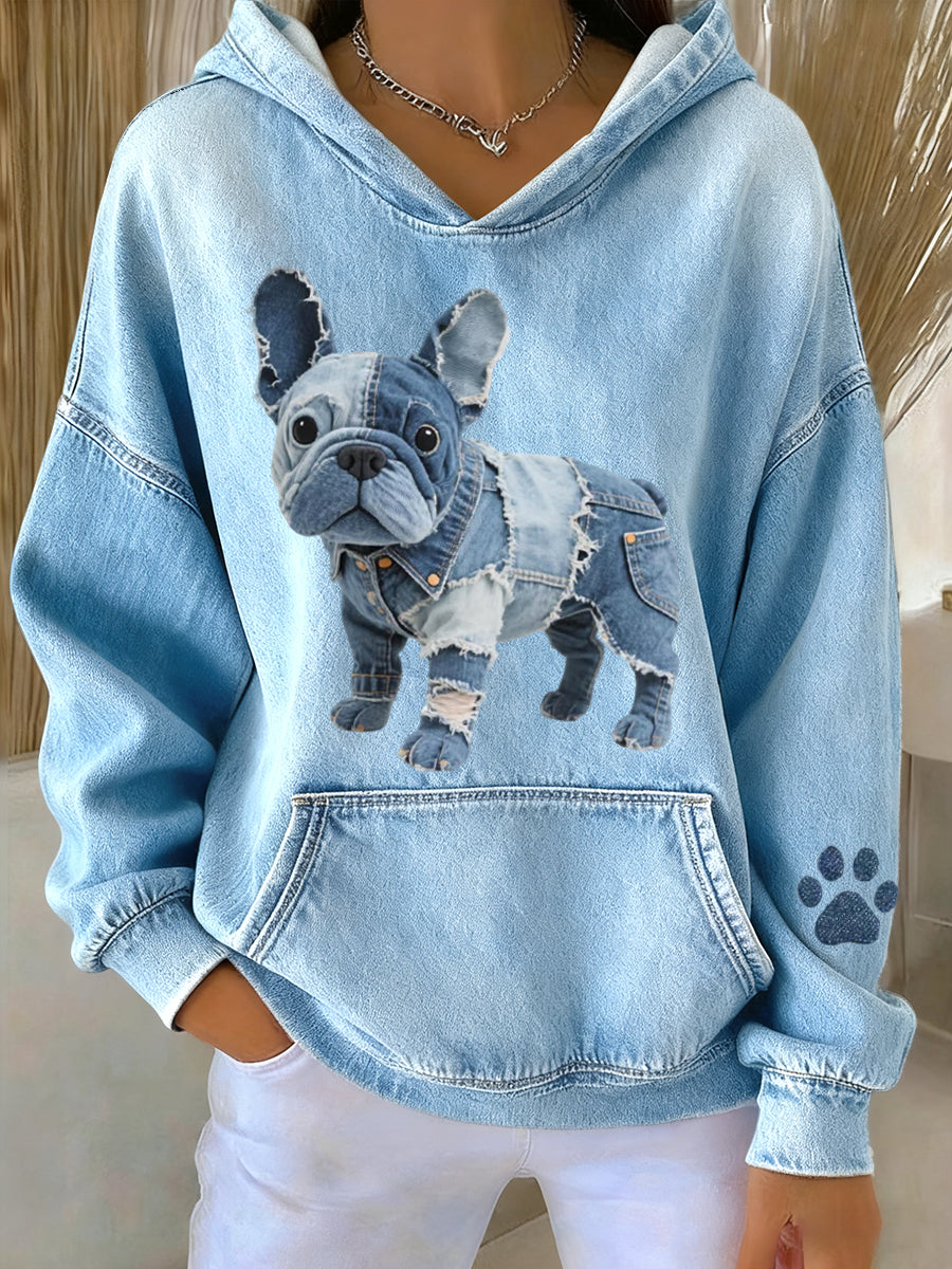 Femmes Belle Français Bulldog Denim Patchwork Motif Hoodie