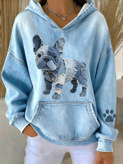 Femmes Belle Français Bulldog Denim Patchwork Motif Hoodie
