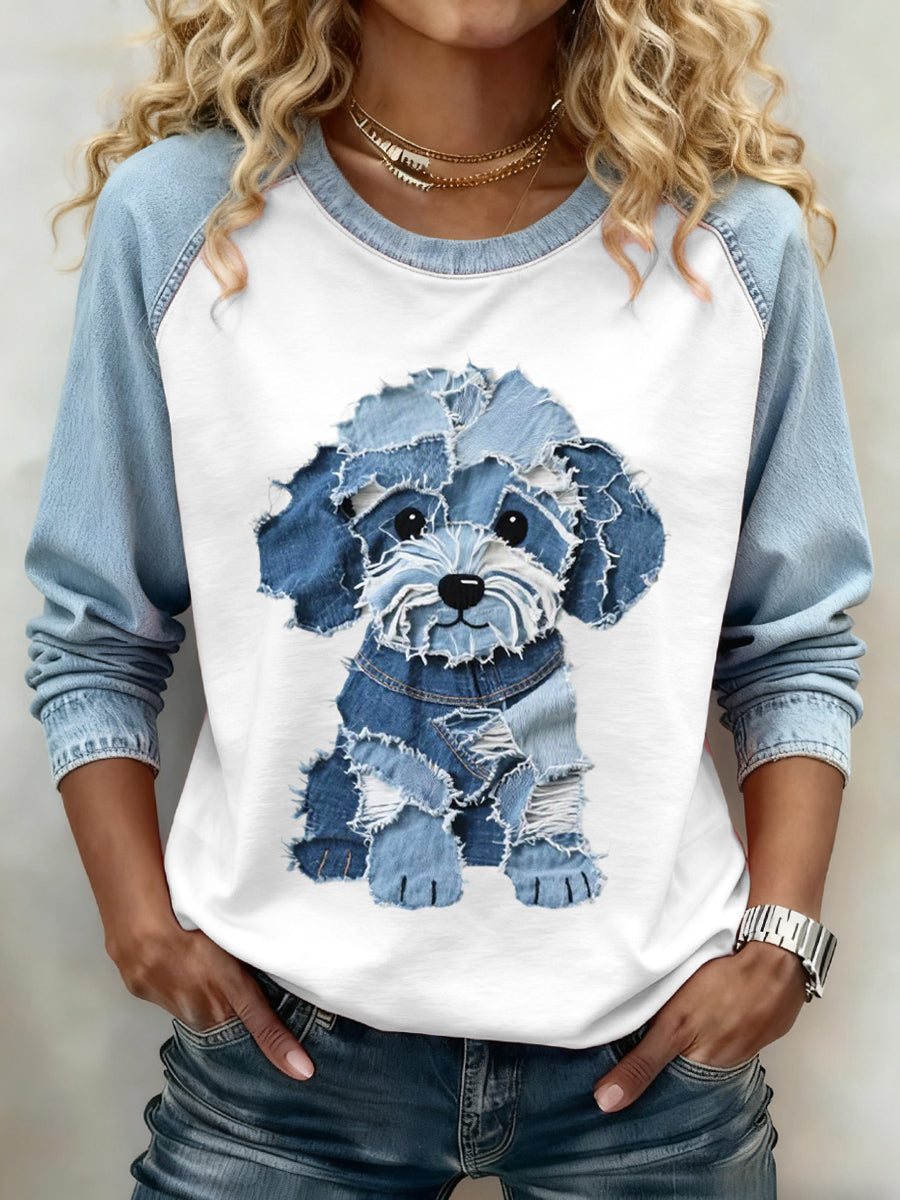 Lovely Dog Pattern Denim Patchwork Sweatshirt pour femmes