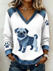 Femmes Lovely Pug Dog Pattern Denim Patchwork V-Neck Top
