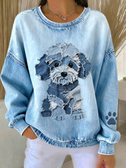Lovely Dog Denim Patchwork Sweatshirt pour femmes