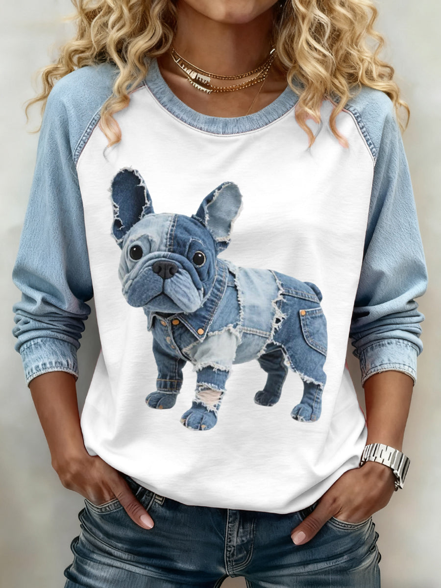 Femmes Belle Français Bulldog Motif Denim Patchwork Sweatshirt