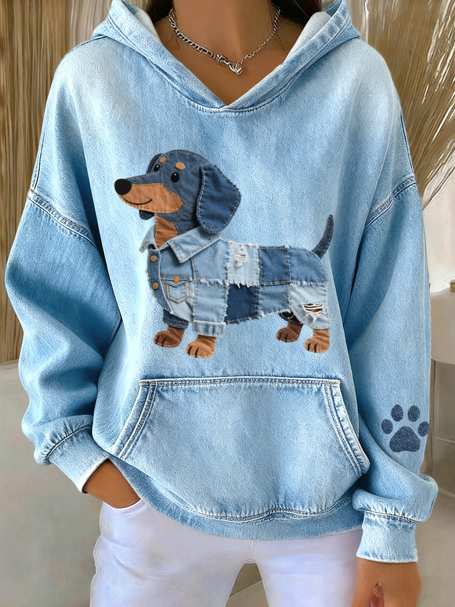 Femmes belle teckel chien Denim Patchwork modèle Hoodie