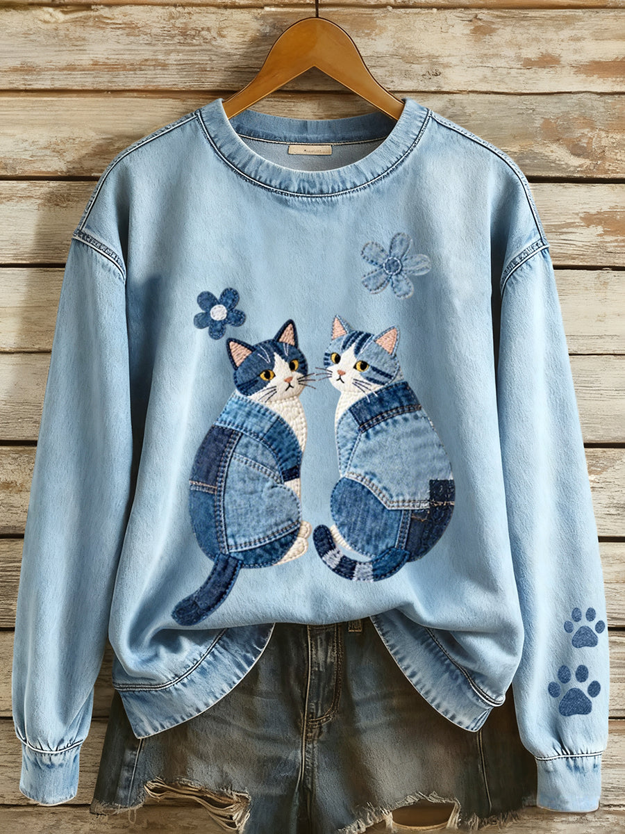 Femmes Denim Patchwork Chats Motif Sweatshirt