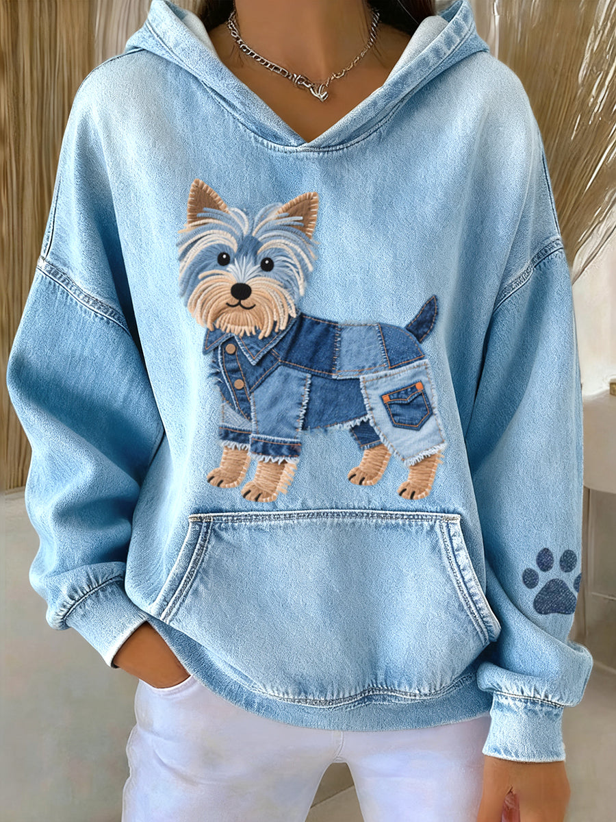 Femmes Denim Patchwork Art Yorkshire Terrier Chien Motif Sweat à capuche