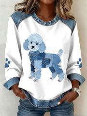 Lovely Poodle Dog Pattern Denim Patchwork Sweatshirt des femmes