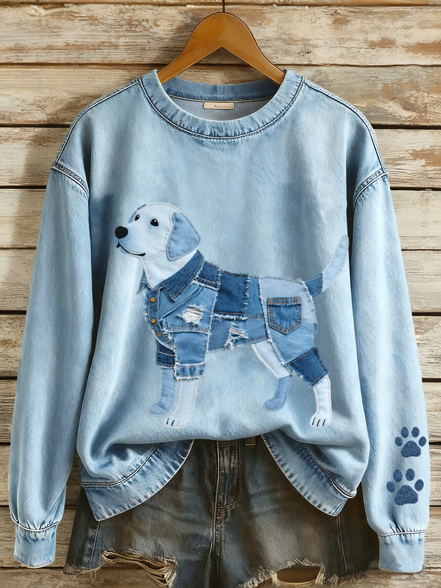 Femmes Denim Patchwork Art Labrador Retriever Motif Sweatshirt