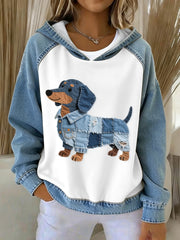 Femmes belle teckel chien modèle Denim Patchwork Hoodie