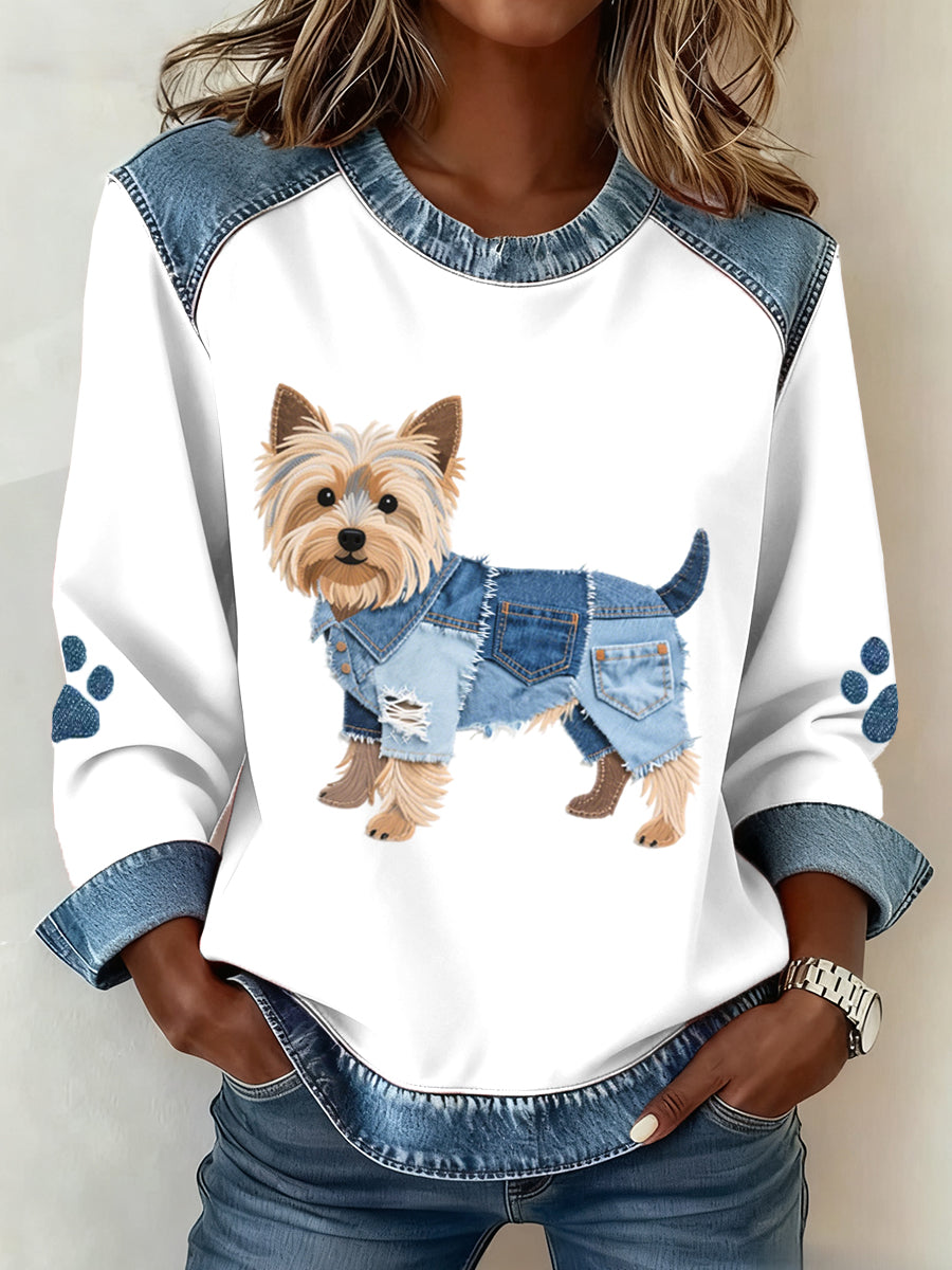 Les femmes Lovely Yorkshire Terrier chien modèle Denim Patchwork Sweatshirt