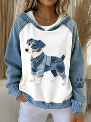 Femmes Denim Patchwork Art Jack Russell Terrier Chien Motif Hoodie