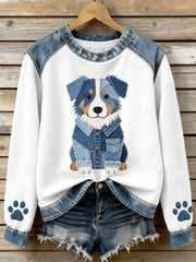 Beau motif de berger australien Denim Patchwork Waffle Sweatshirt des femmes