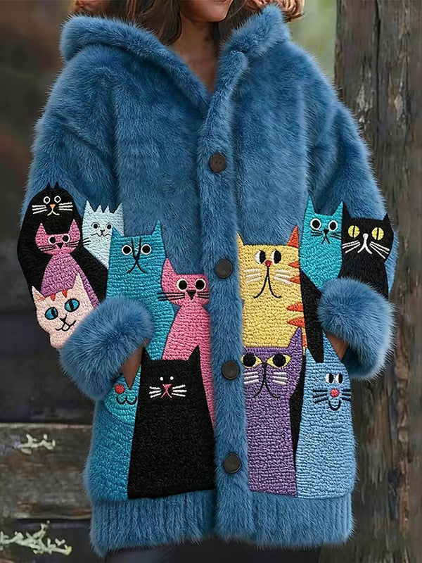 Veste chaude en flanelle à imprimé chat animal pour femmes