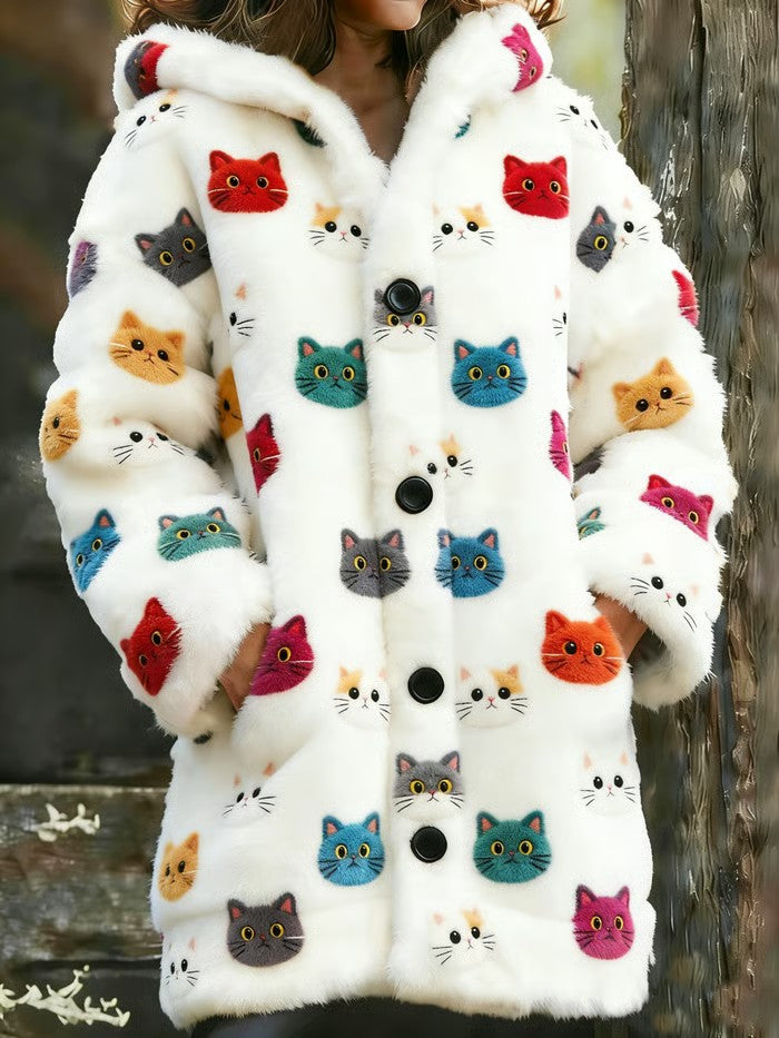 Veste chaude en flanelle à imprimé chat animal pour femmes