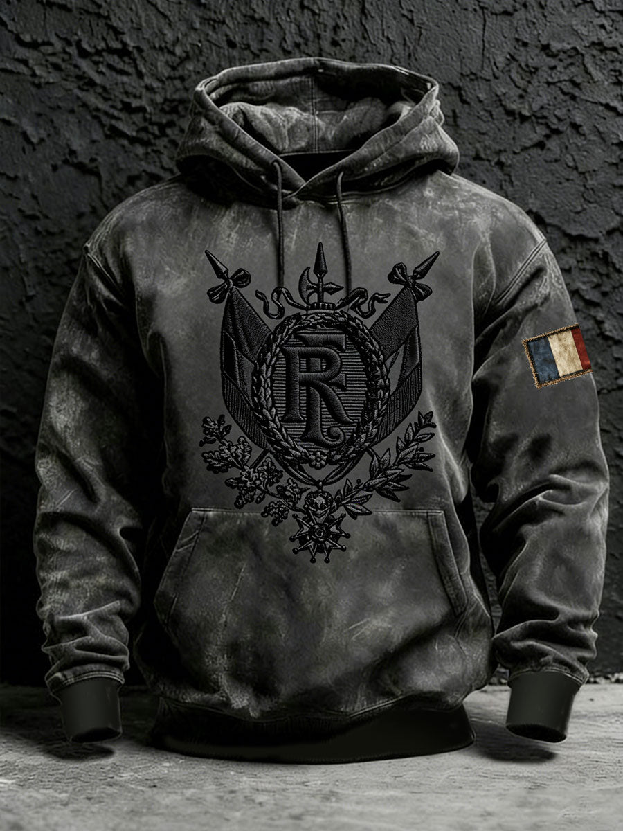 Sweat à capuche surdimensionné à épaules dénudées avec poches à motif français pour hommes