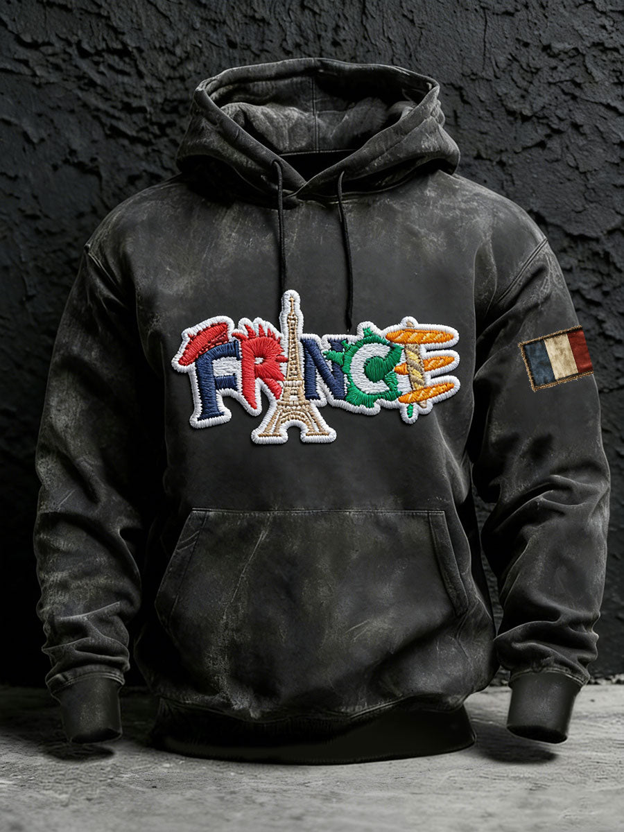 Sweat à capuche surdimensionné à épaules dénudées avec poches à motif français pour hommes