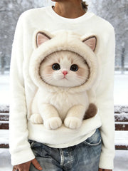 Sweat-shirt en flanelle de chat d'hiver mignon des femmes