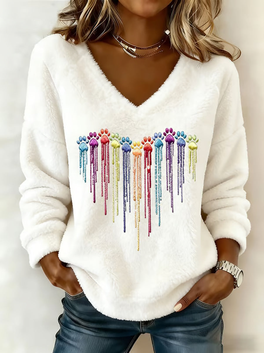 Femmes Coloré Chien Coeur Patte Flanelle V-Neck Top