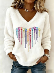 Femmes Coloré Chien Coeur Patte Flanelle V-Neck Top