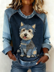 Rétro Animal Art Print confortable Denim Patchwork Top des femmes