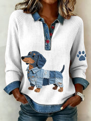 Femmes Denim Patchwork Art Teckel Chien Motif Waffle Top