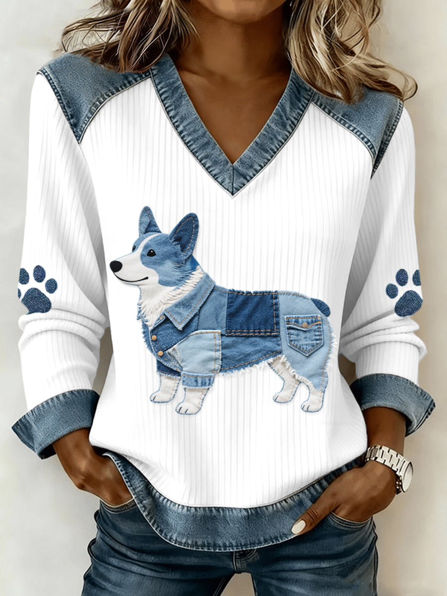 Femmes Lovely Corgi Pattern Denim Patchwork V-Neck Top