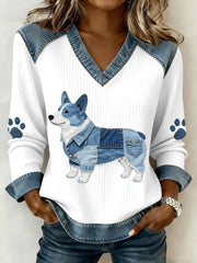 Femmes Lovely Corgi Pattern Denim Patchwork V-Neck Top