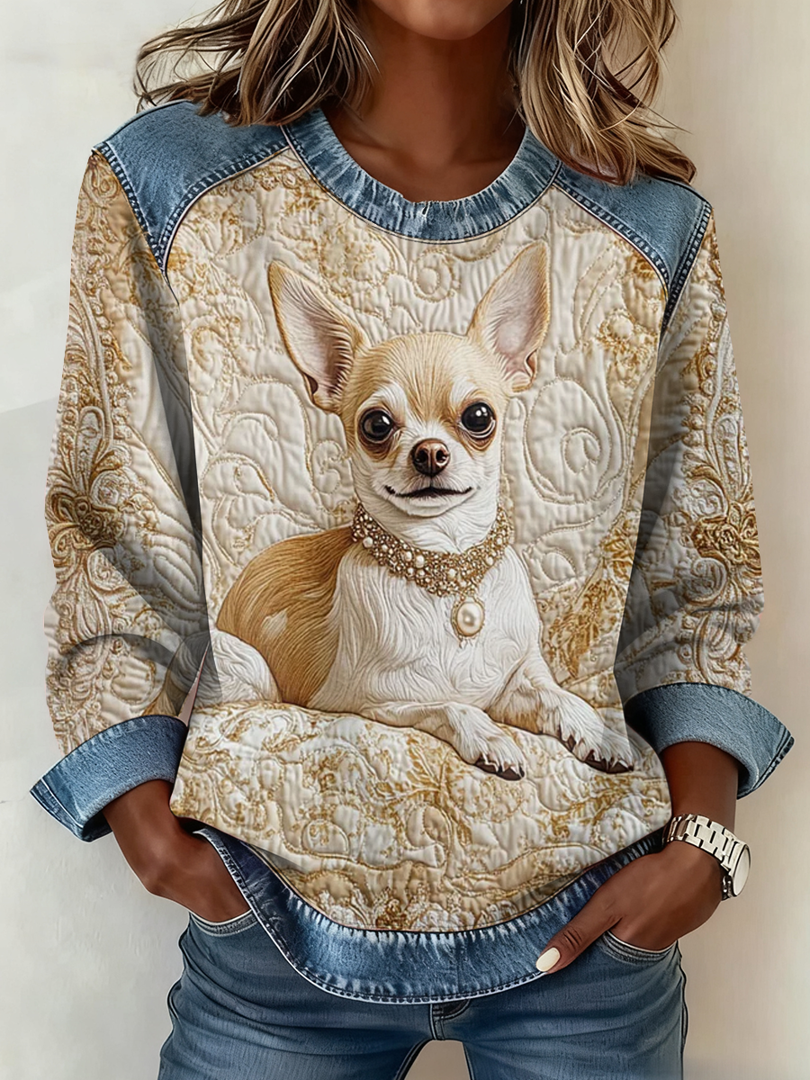 Top patchwork en denim imprimé Chihuahua pour femmes
