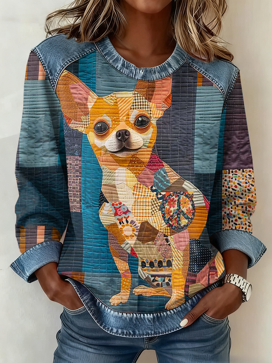 Top patchwork en denim imprimé Chihuahua pour femmes