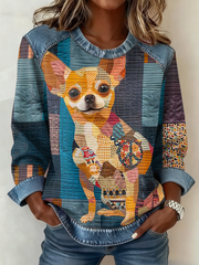 Top patchwork en denim imprimé Chihuahua pour femmes