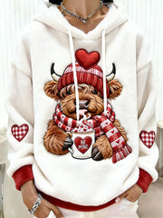 Sweat à Capuche Femme Imprimé Vache Highland Saint Valentin