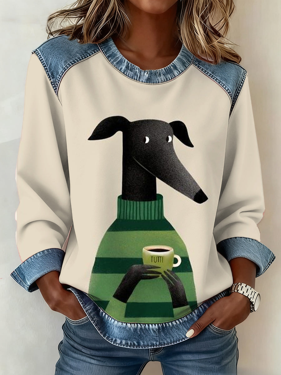 Femmes Chien Café Art Denim Patchwork Haut