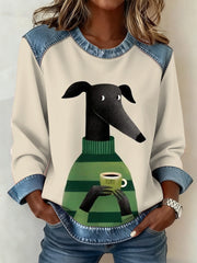 Femmes Chien Café Art Denim Patchwork Haut
