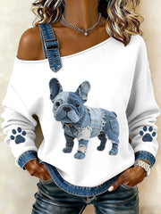 Femmes Belle Français Bulldog Motif Denim Patchwork Top