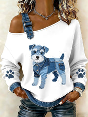 Femmes Lovely Schnauzer Dog Pattern Denim Patchwork Top