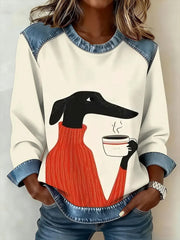 Femmes Rétro Chien Mignon Café Imprimer Denim Patchwork Top