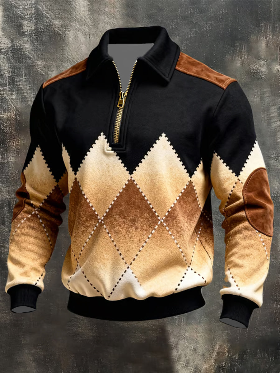 Sweat-shirt à revers en patchwork vintage pour hommes