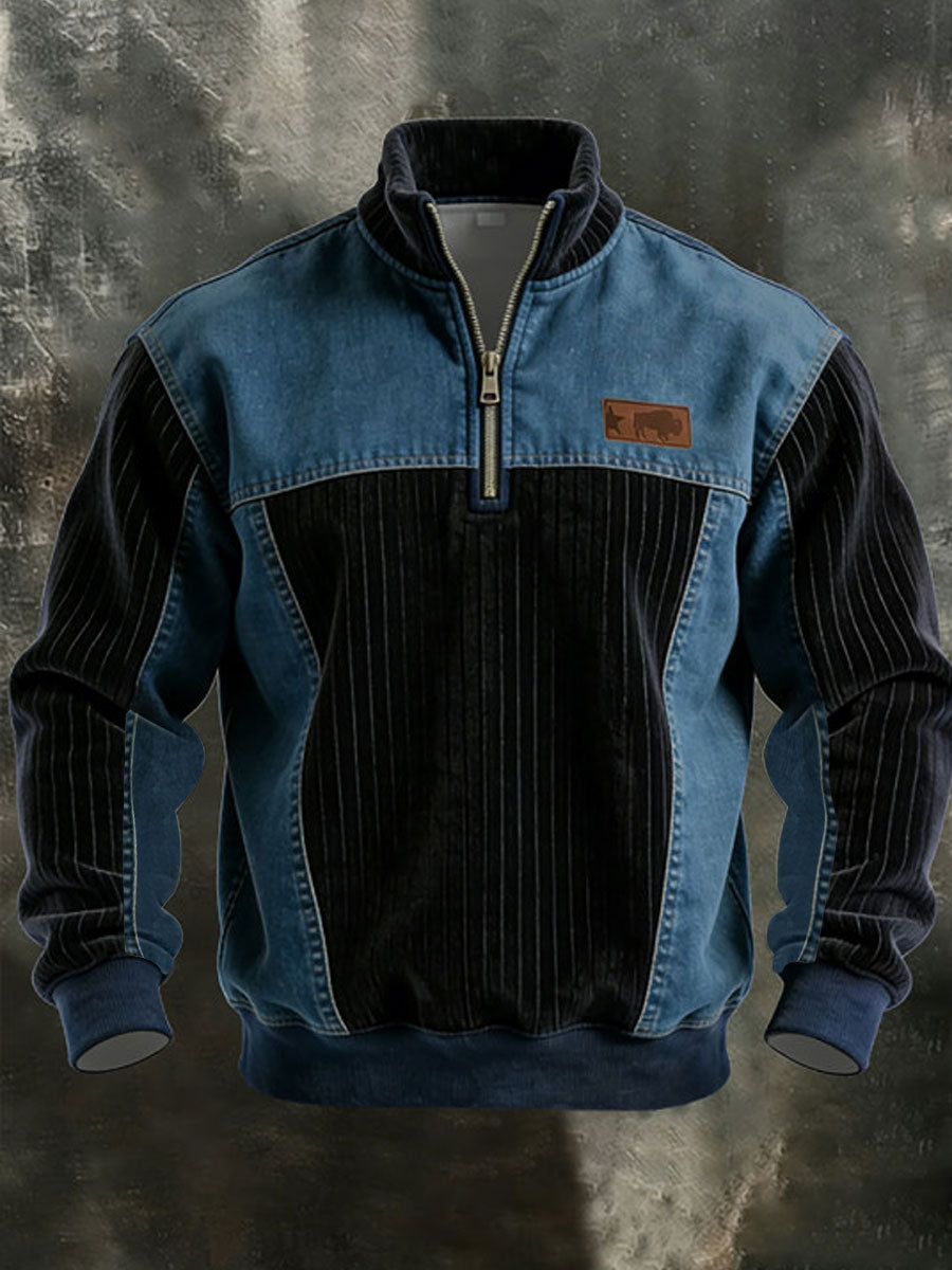 Sweat-shirt Homme Vintage Patchwork Quarter Zip