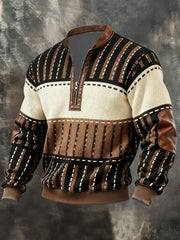 Sweat-shirt décontracté à manches longues à demi-zip de couleur contrastée pour hommes