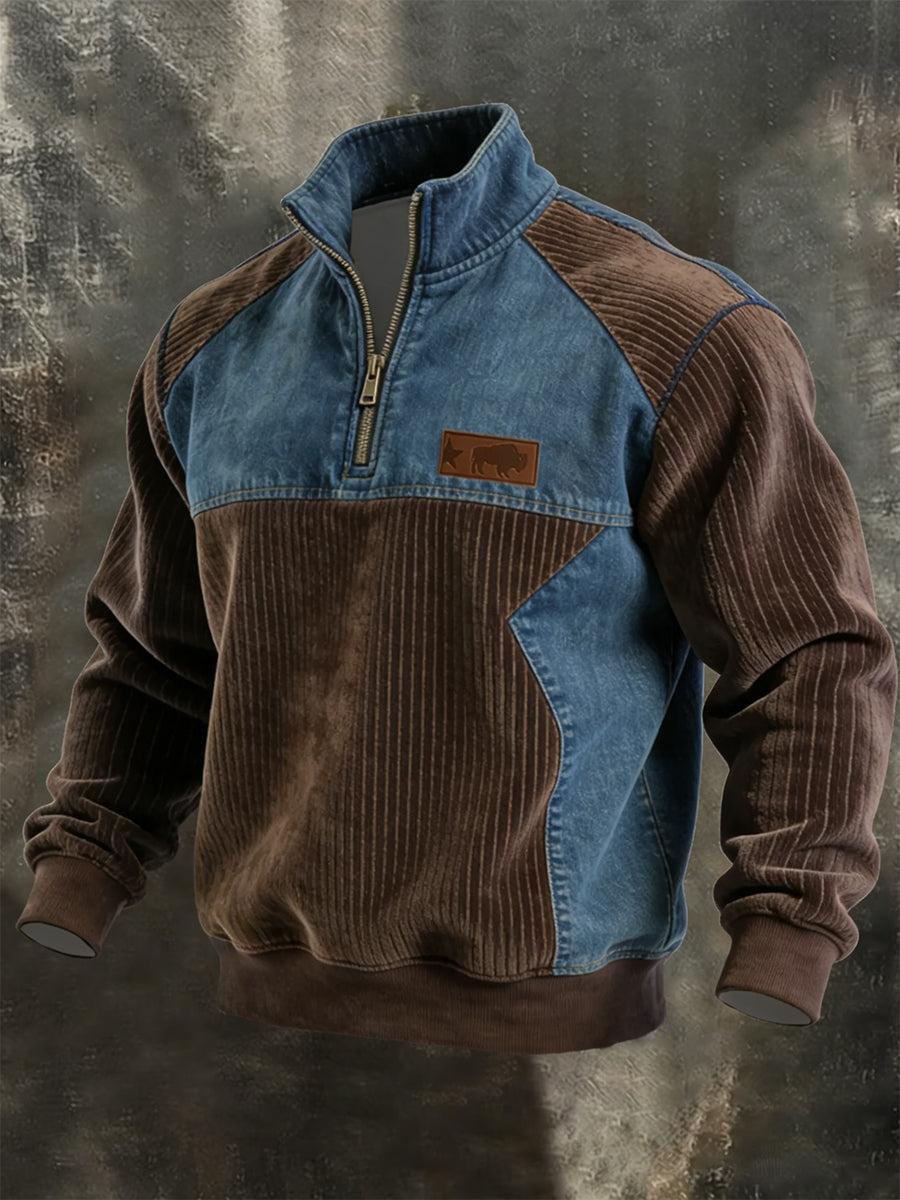 Sweat-shirt Homme Vintage Patchwork Quarter Zip