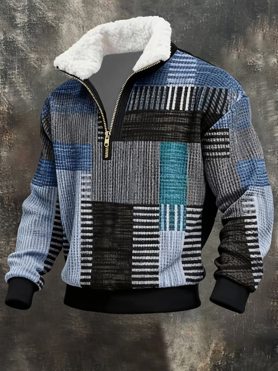 Hommes Retro Color Block Imprimer col de fourrure Sweatshirt