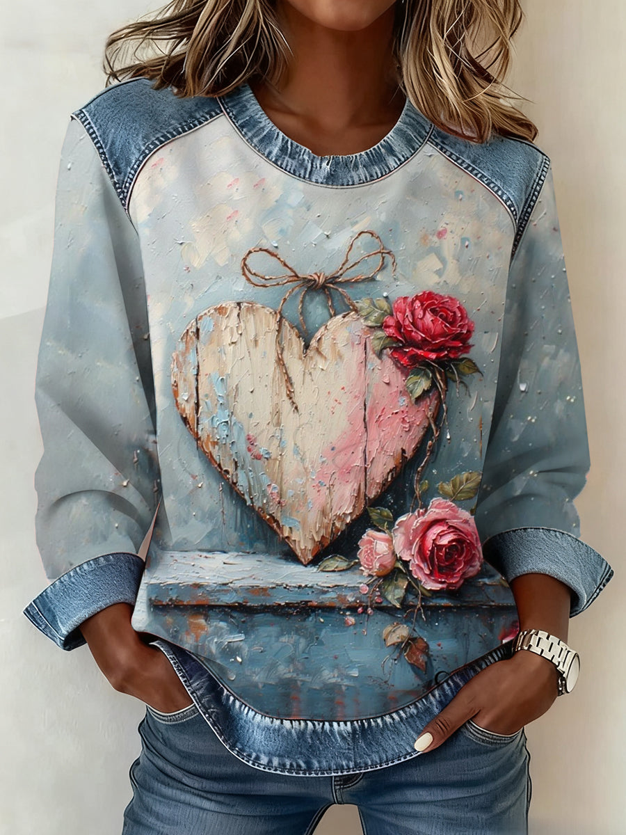 Femmes Saint Valentin Vintage Fleur Amour Imprimer Denim Patchwork Top