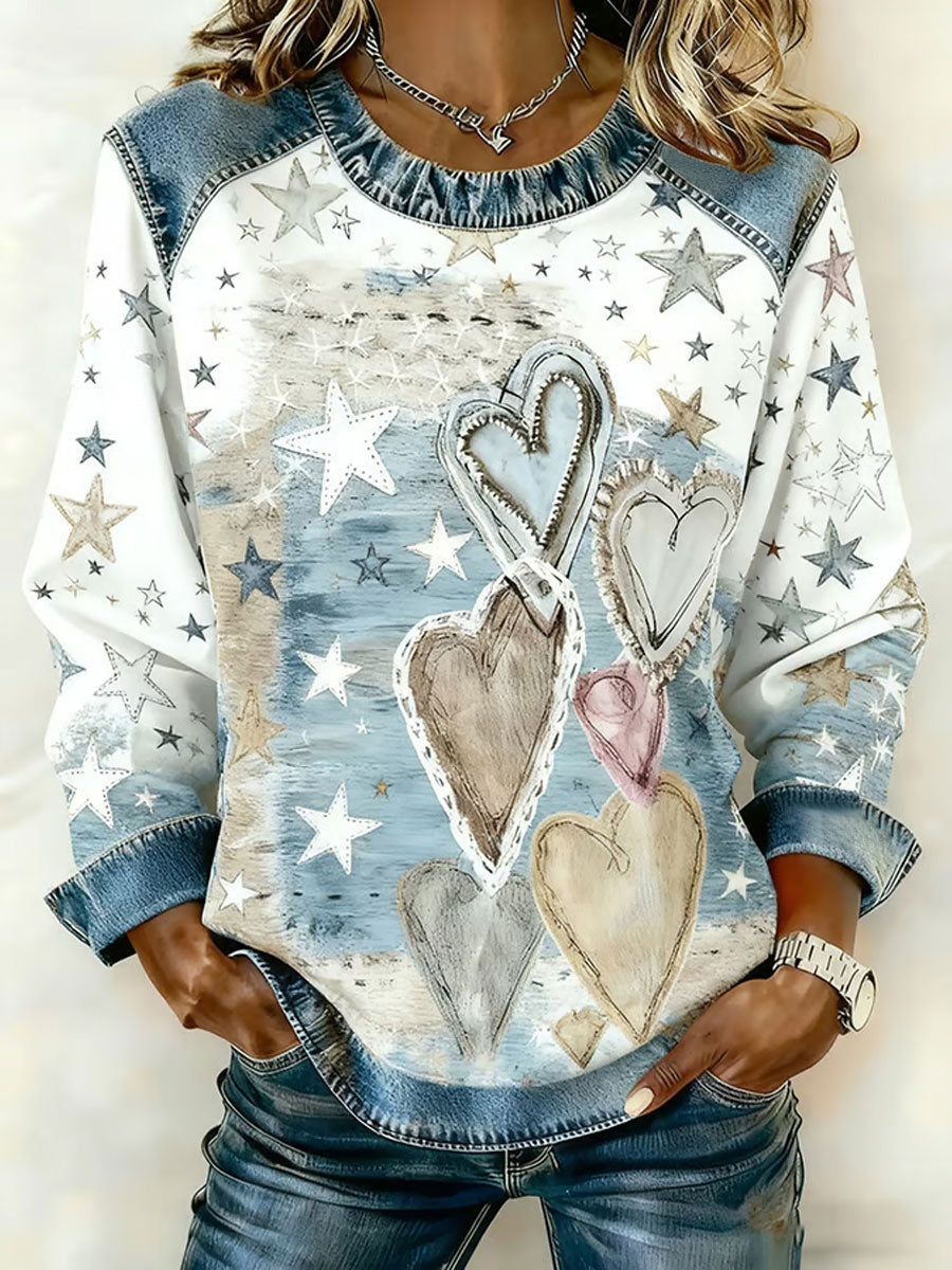 Femmes Saint Valentin Rétro Coeur D'amour Imprimé Denim Patchwork Top