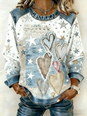 Femmes Saint Valentin Rétro Coeur D'amour Imprimé Denim Patchwork Top