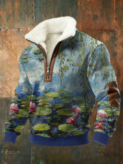 Peinture à l'huile Water Lily Print Plush Stand Collar Shirt pour hommes