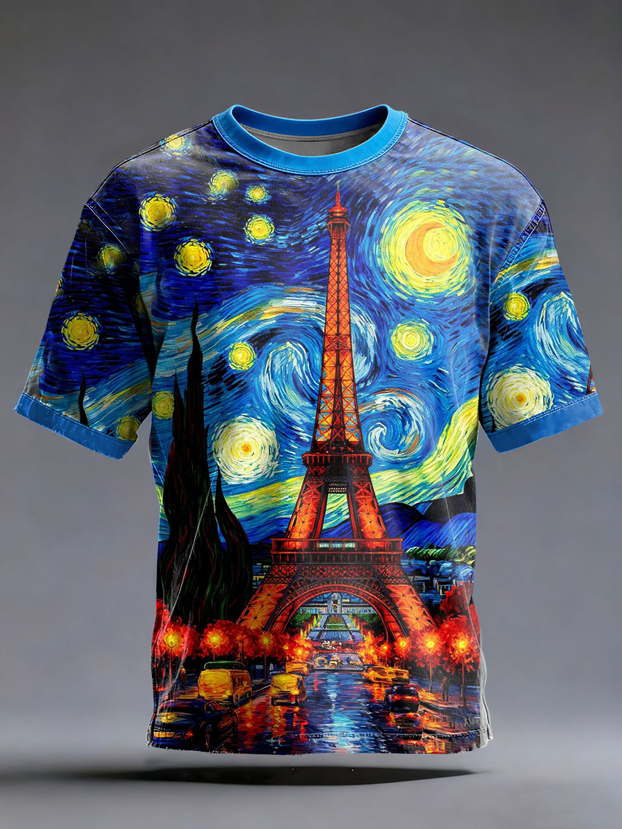 T-shirt à manches courtes imprimé ciel étoilé Paris peinture à l'huile pour hommes
