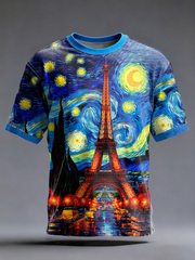 T-shirt à manches courtes imprimé ciel étoilé Paris peinture à l'huile pour hommes