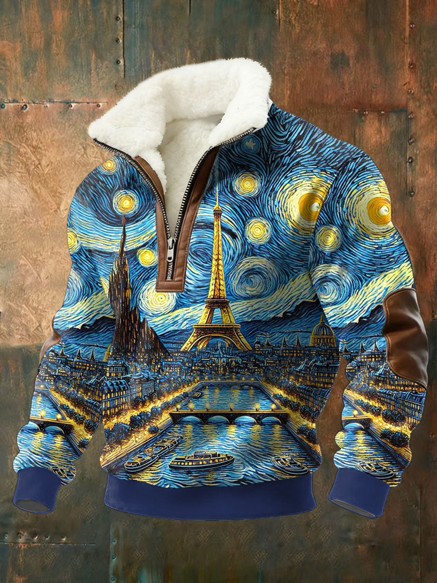 Chemise à col montant en peluche à imprimé ciel étoilé Paris peinture à l'huile pour hommes